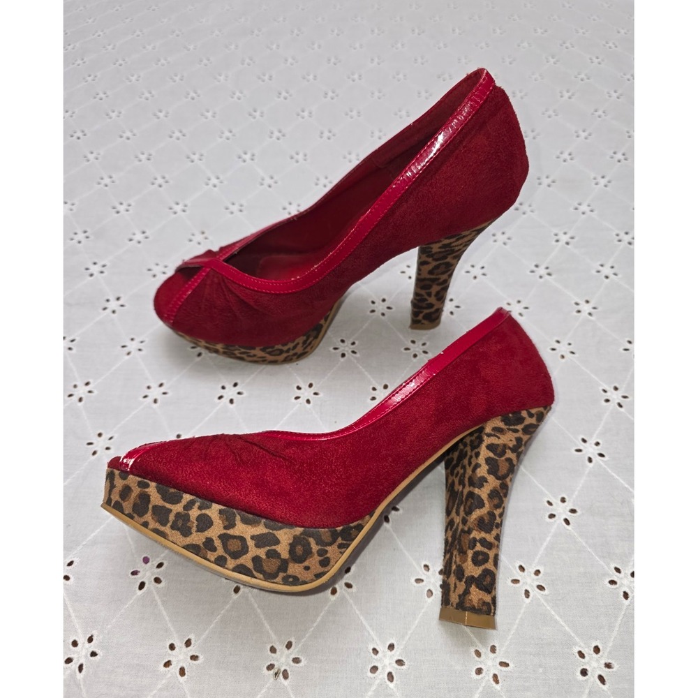 Max Rave Y2k Women's Red Peep Toe Platform Heels Leopard Print Block Size 7
